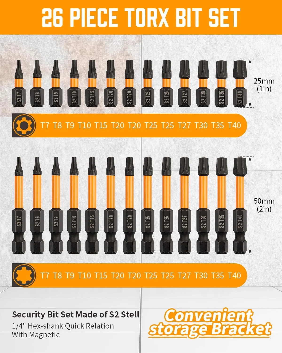 Rocaris 46 Pcs Screwdriver Bit Sets, 26 Pcs Torx Bit Set T7-T40 with 20 Pcs Allen Wrench Drill Bit Set Metric & SAE, 1/4” Hex-Shank S2 Steel Hex Bits Set, 1” & 2” Long