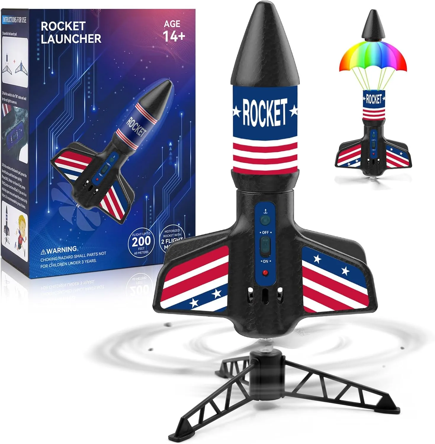 Rocket Launcher for Kids - Self-Launching 200 ft Motorized Outdoor Electric Play Toy, High Flying Air Rocket with Launch Set, Birthday Toys Gifts for Boys 8-12, Star Pattern