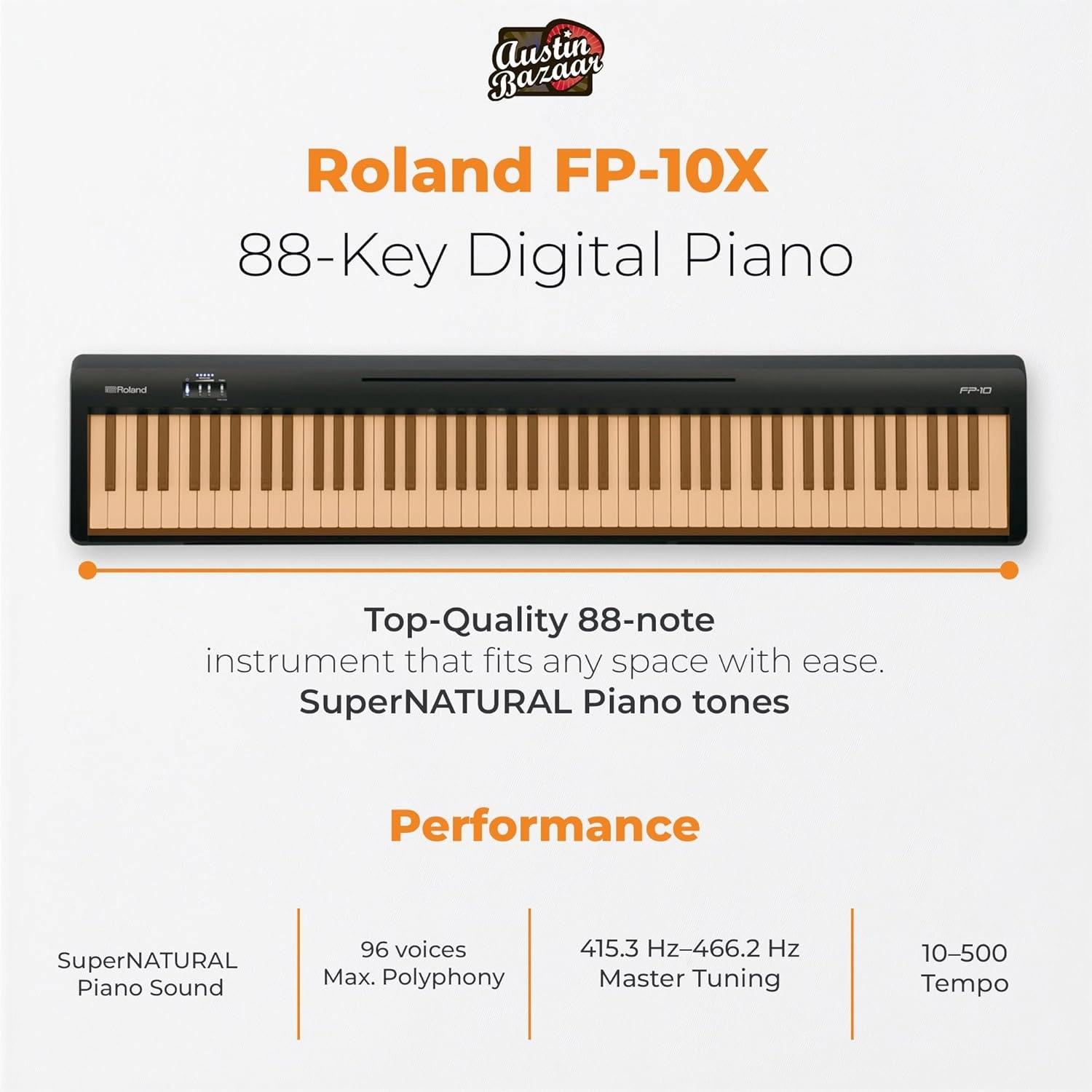 Roland FP-10 Digital Piano - Black Bundle with Adjustable Stand, Bench, Sustain Pedal, Instructional Book, Online Lessons, Instructional DVD, and Austin Bazaar Polishing Cloth