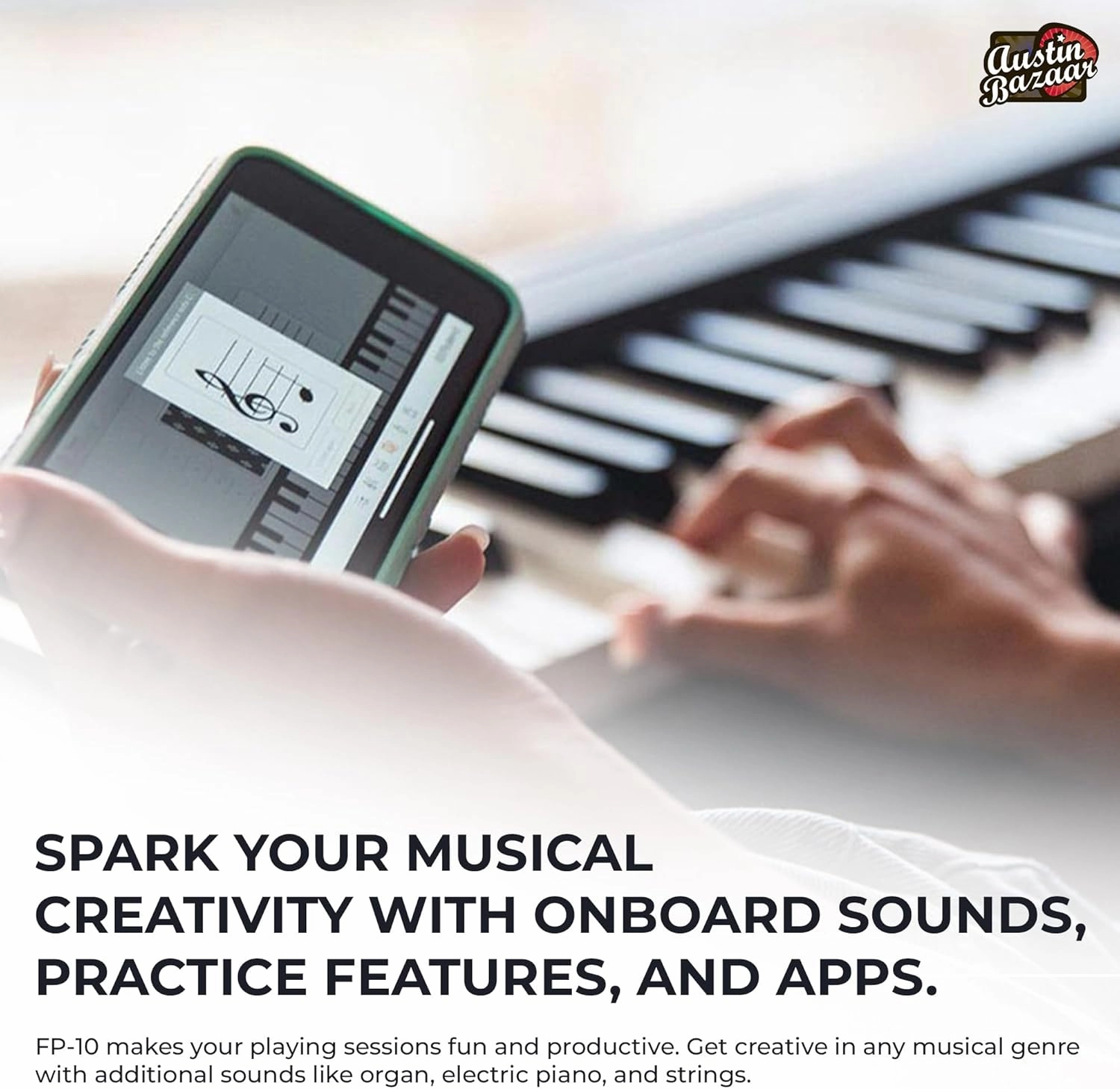 Roland FP-10 Digital Piano - Black Bundle with Adjustable Stand, Bench, Sustain Pedal, Instructional Book, Online Lessons, Instructional DVD, and Austin Bazaar Polishing Cloth