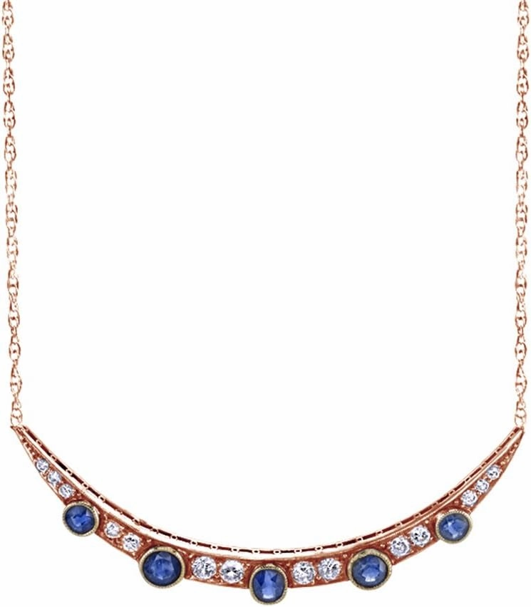 Round Cut Simulated Blue Sapphire & White Cubic Zirconia Crescent Moon Bar Pendant Necklace Along with 18" Silver Chain Jewelry for Women in in 14k Gold Over Sterling Silver