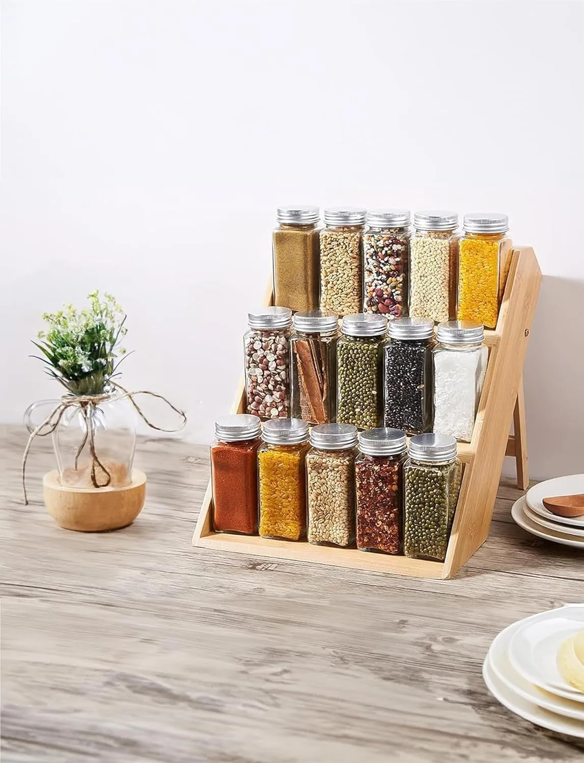 RoyalHouse Bamboo Spice Rack Organizer for Kitchen Cabinet, Countertop Display Shelf- 3 Tier Shelf -Space Organizer for Kitchen and Bathroom (Pack of 6)