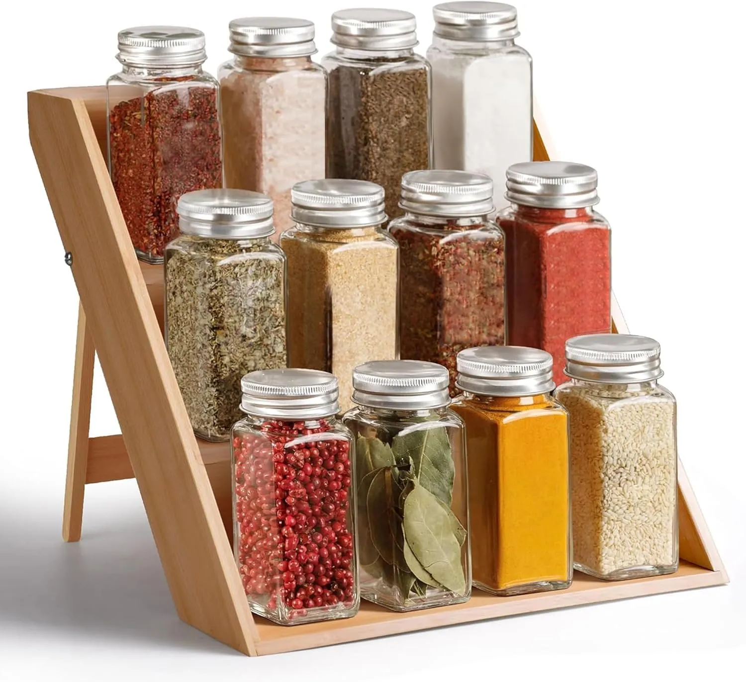 RoyalHouse Bamboo Spice Rack Organizer for Kitchen Cabinet, Countertop Display Shelf- 3 Tier Shelf -Space Organizer for Kitchen and Bathroom (Pack of 6)