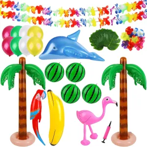 Ruisita Inflatable Luau Party Set 2 Pack Palm Trees 4 Pack Inflatable Watermelon 12 Pack Hawaiian Flowers 12 Pack Monstera Leaves 20 Pack Balloons Wingless Parrot Flamingo Banana for Party Supply