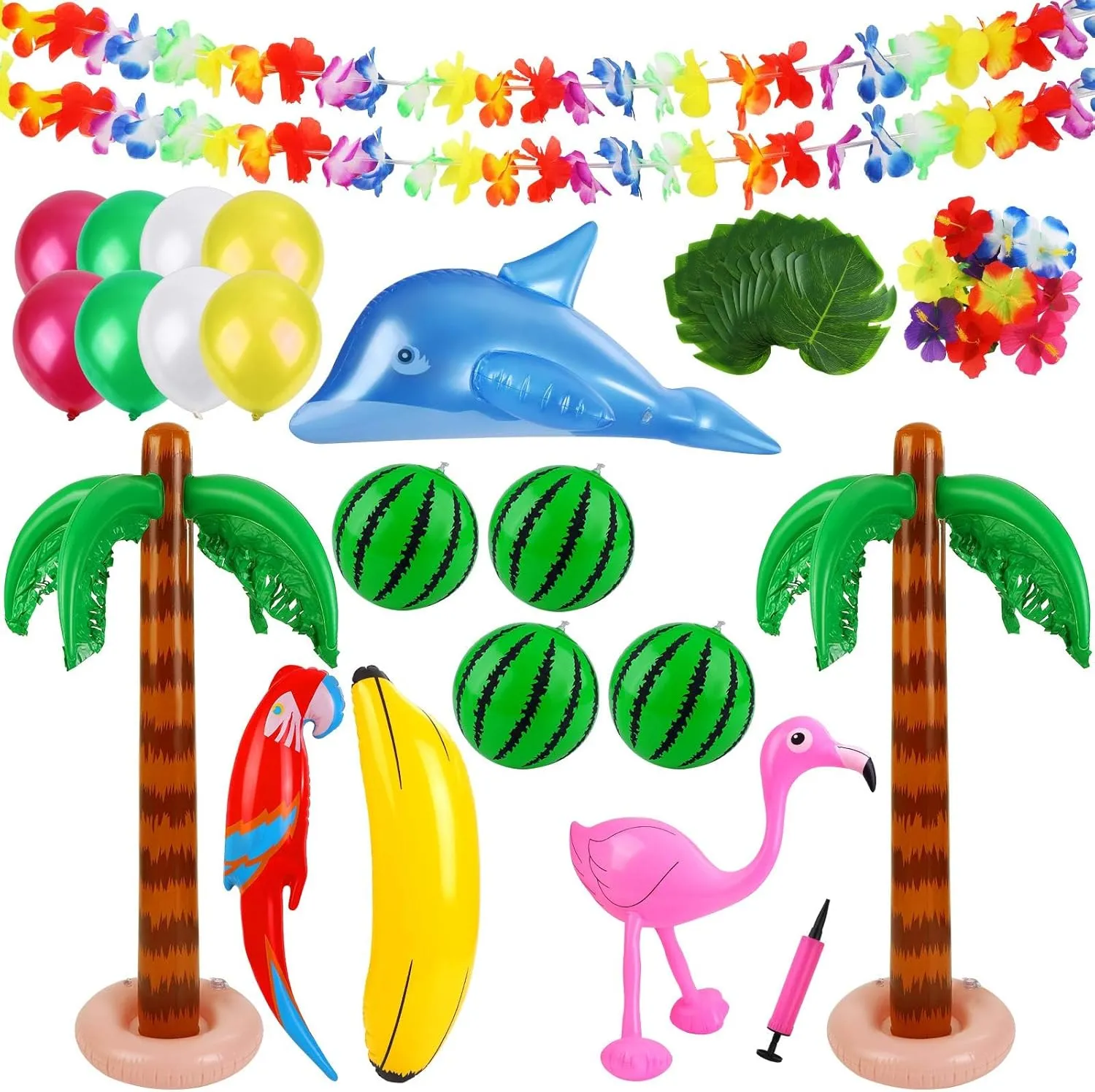 Ruisita Inflatable Luau Party Set 2 Pack Palm Trees 4 Pack Inflatable Watermelon 12 Pack Hawaiian Flowers 12 Pack Monstera Leaves 20 Pack Balloons Wingless Parrot Flamingo Banana for Party Supply