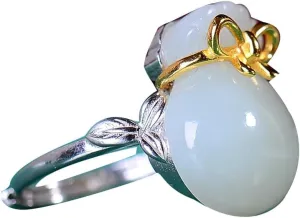 S925 Silver with Natural Hetian White Jade Money Bag Ribbon Ring (Adjustable Opening) for Women Yoga Genuine