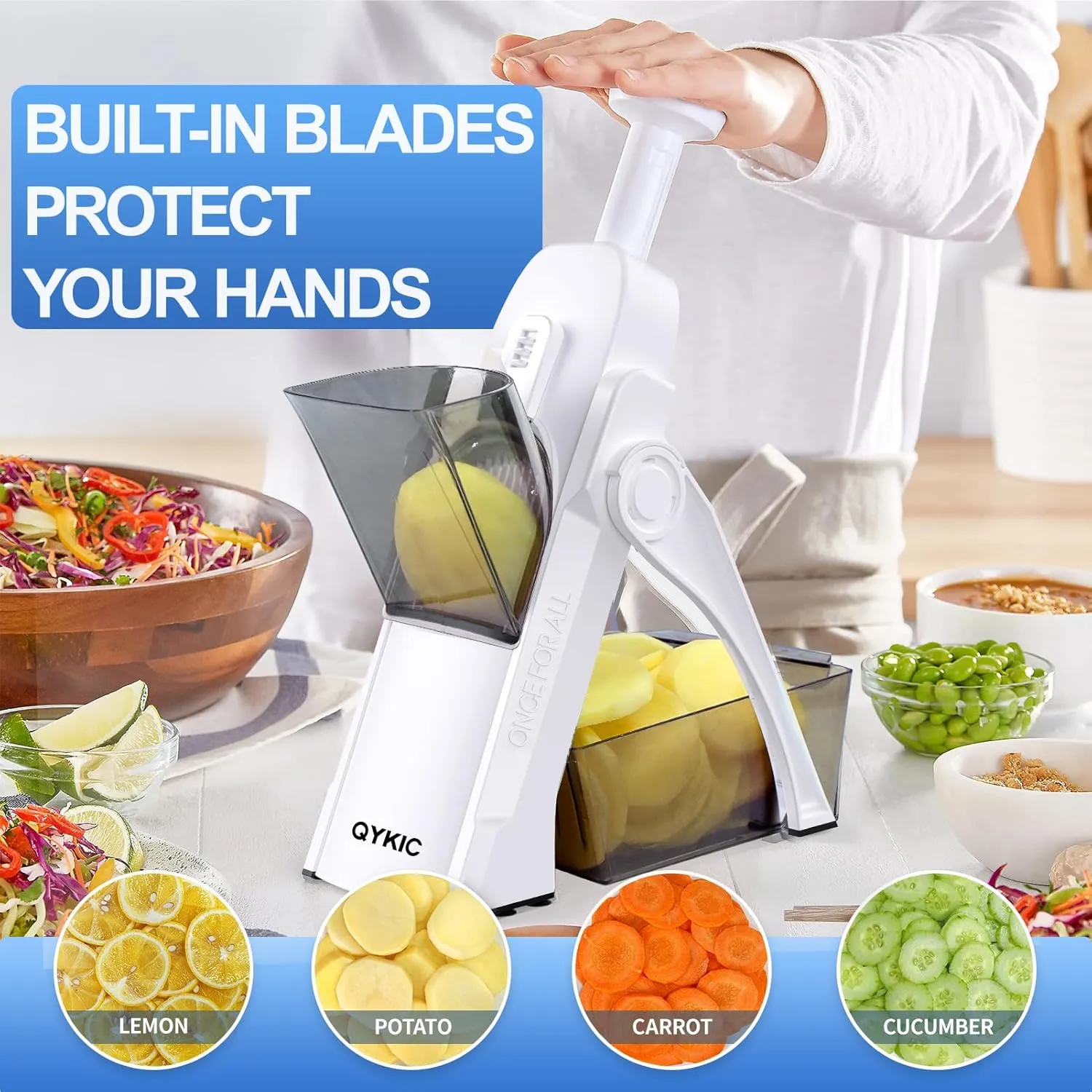 Safe Mandoline Slicer, Vegetables Potato Clips Slicer,Food Slicer,Thickness Adjustable for Cucumber Potato Carrot Lemon Only Slicer (White)