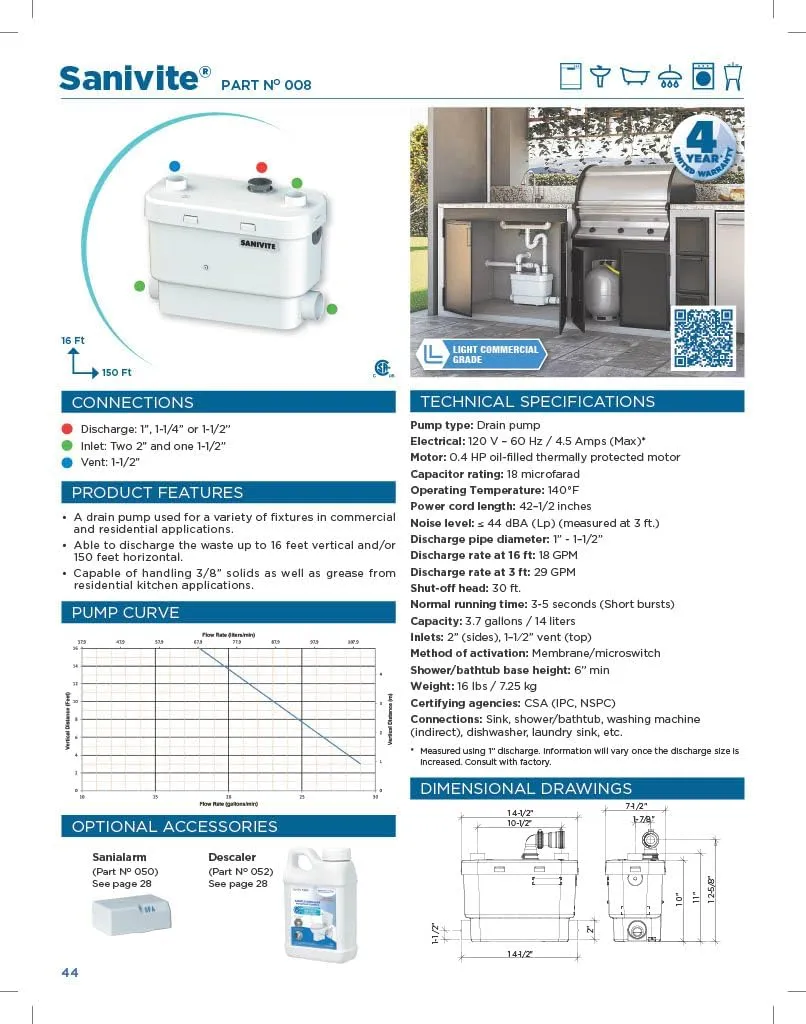 SANIFLO SANIVITE 0.4HP Drain Pump (USA certification: CSA) – Gray Water Pump – Limited WARRANTY 4 YEARS - Laundry, Kitchen, Bathroom, Shower & Bathtub –16ft Vertical/150ft Horizontal Discharge.