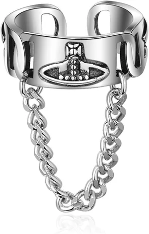 Saturn Chain Sterling Silver Adjustable Ring Y2K Edgy Rings Fashion Handmade Jewelry Gift For Women Men Tassel Dangling Chain Ring