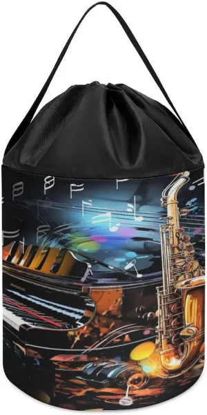 Saxophone And Piano Printed Building Block Toy Storage Bag, Foldable Polyester Drawstring Storage Bag