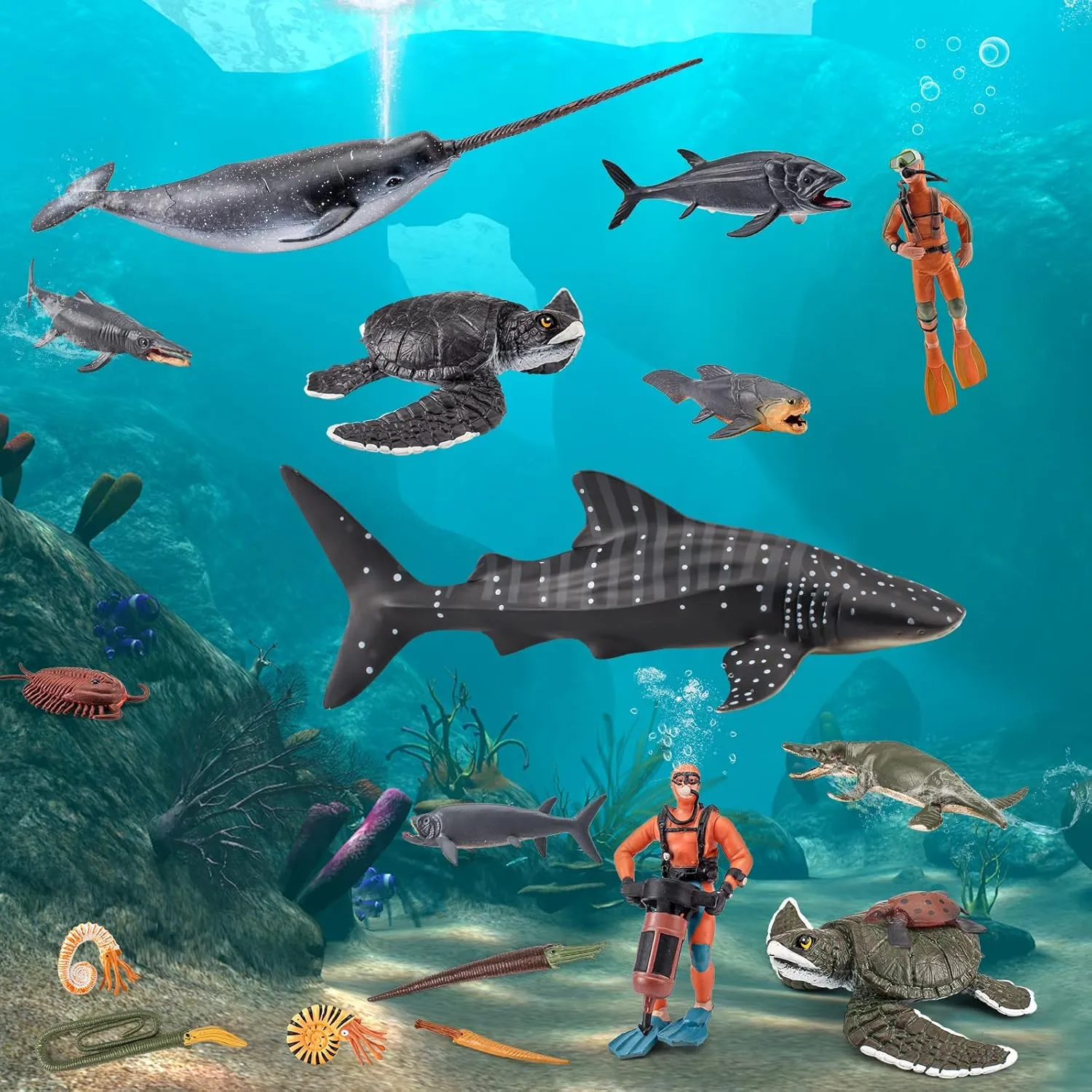 Sea Animals Scuba Diver Toy Bath Toy 18PCS Scuba Diver Action Figure Deep Sea Adventure Toys for Kids Ages 4-8 Educational Science Sharks Figurines Whale Toys