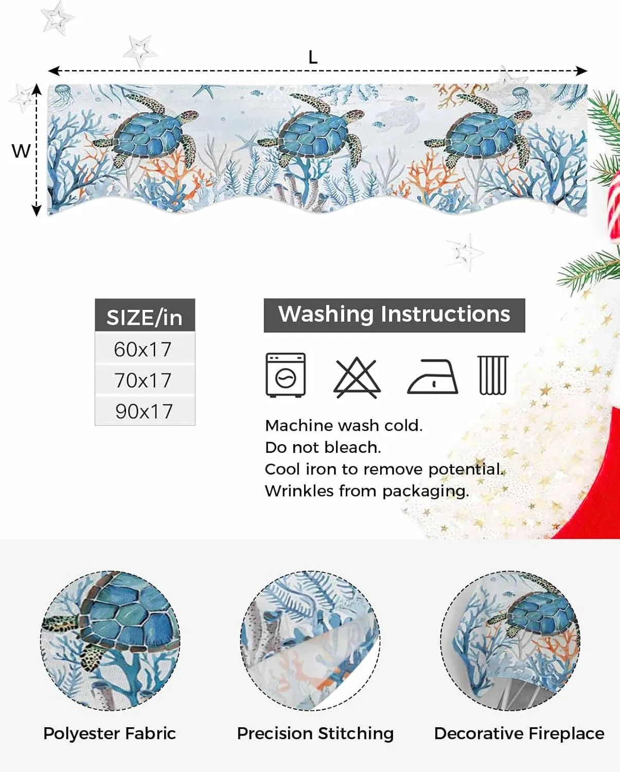 Sea Turtle Mantle Scarf for Fireplace, Coastal Beach Ocean Themed Fireplace Cover Decorations Underwater Marine Life Mantel Top Scarf Runner for Home Living Room Holiday Party, 17 x 90 Inch