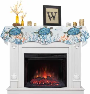 Sea Turtle Mantle Scarf for Fireplace, Coastal Beach Ocean Themed Fireplace Cover Decorations Underwater Marine Life Mantel Top Scarf Runner for Home Living Room Holiday Party, 17 x 90 Inch