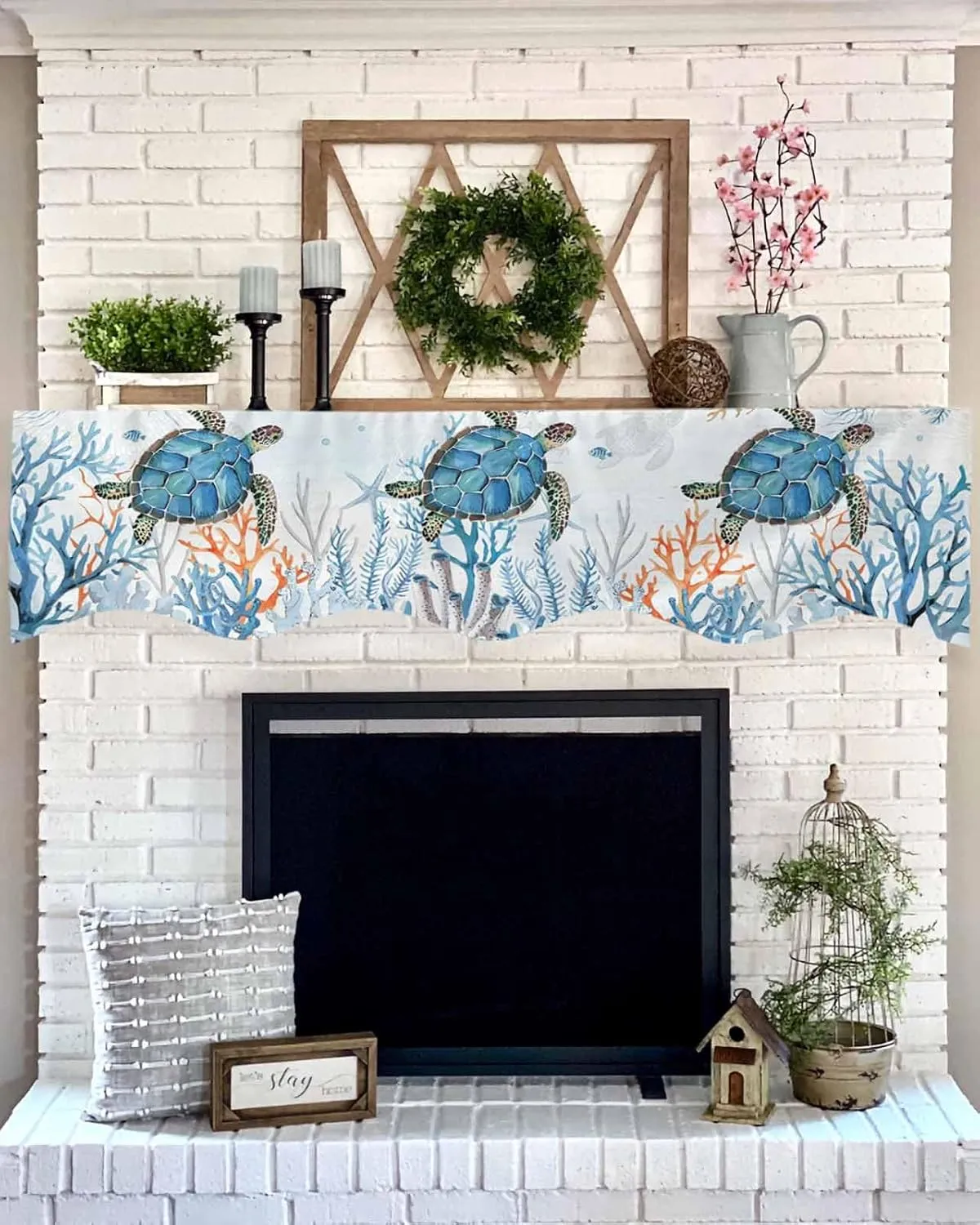 Sea Turtle Mantle Scarf for Fireplace, Coastal Beach Ocean Themed Fireplace Cover Decorations Underwater Marine Life Mantel Top Scarf Runner for Home Living Room Holiday Party, 17 x 90 Inch