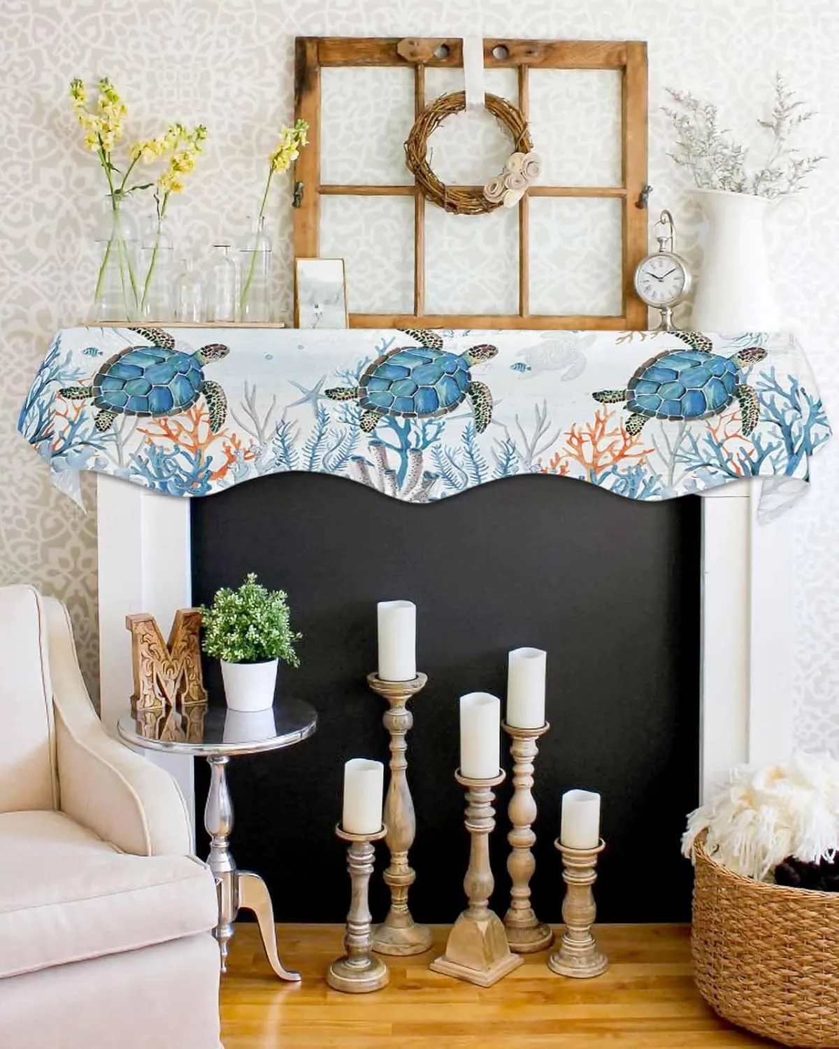 Sea Turtle Mantle Scarf for Fireplace, Coastal Beach Ocean Themed Fireplace Cover Decorations Underwater Marine Life Mantel Top Scarf Runner for Home Living Room Holiday Party, 17 x 90 Inch