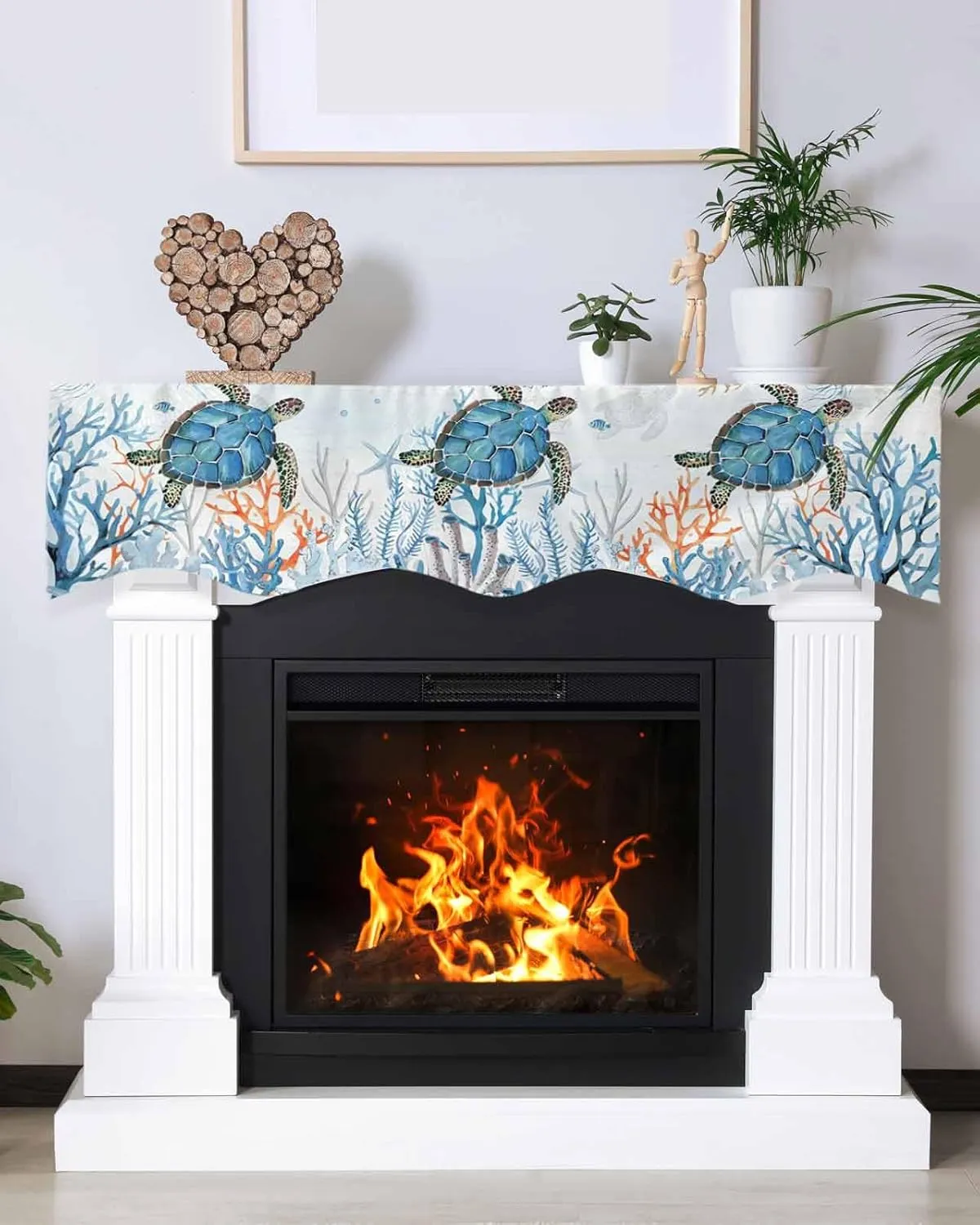 Sea Turtle Mantle Scarf for Fireplace, Coastal Beach Ocean Themed Fireplace Cover Decorations Underwater Marine Life Mantel Top Scarf Runner for Home Living Room Holiday Party, 17 x 90 Inch