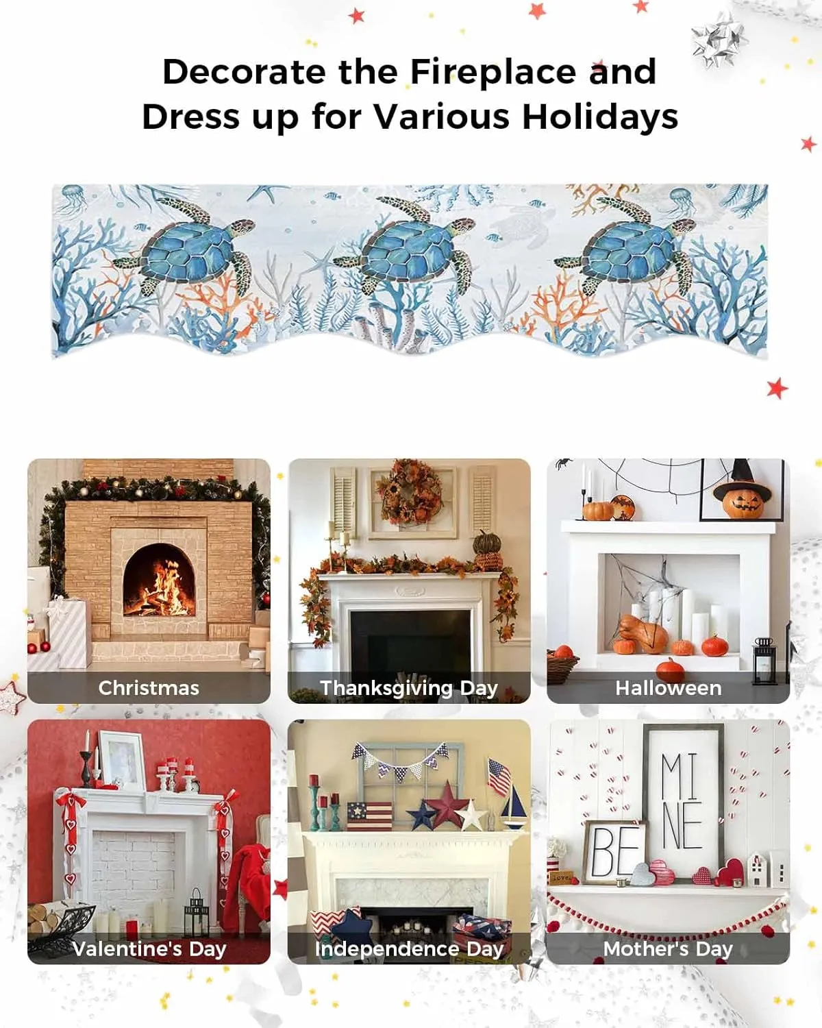 Sea Turtle Mantle Scarf for Fireplace, Coastal Beach Ocean Themed Fireplace Cover Decorations Underwater Marine Life Mantel Top Scarf Runner for Home Living Room Holiday Party, 17 x 90 Inch