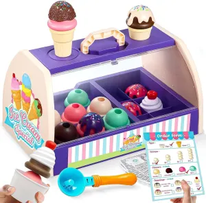 Serve Ice Cream Counter Toy(38 pcs) - Play Food and Accessories - Pretend Food Toys Playset, Toddler Ice Cream Shop Toys for Kids Ages 3 4 5 6 7  
