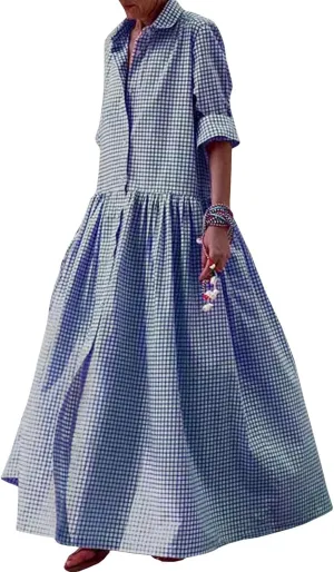Sexyshine Women's Retro Plaid Button Down Long Sleeve Maxi Shirt Dress Loose Button Up Gingham Swing Pleated Long Dress