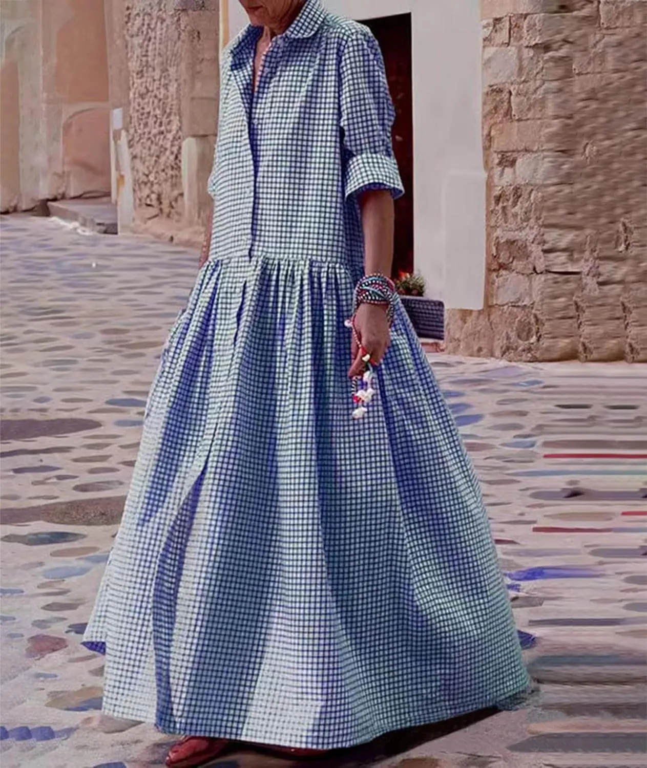 Sexyshine Women's Retro Plaid Button Down Long Sleeve Maxi Shirt Dress Loose Button Up Gingham Swing Pleated Long Dress