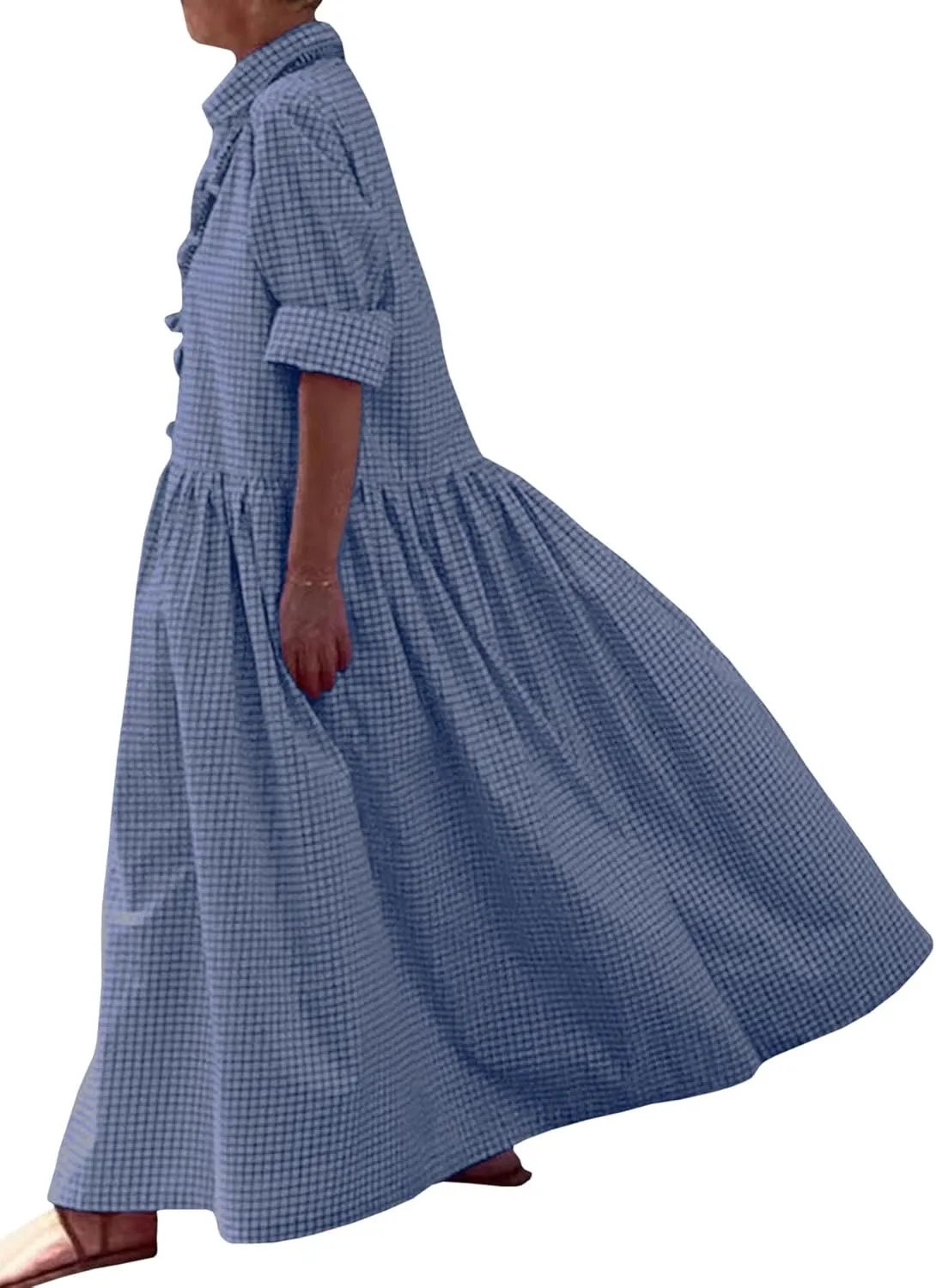 Sexyshine Women's Retro Plaid Button Down Long Sleeve Maxi Shirt Dress Loose Button Up Gingham Swing Pleated Long Dress