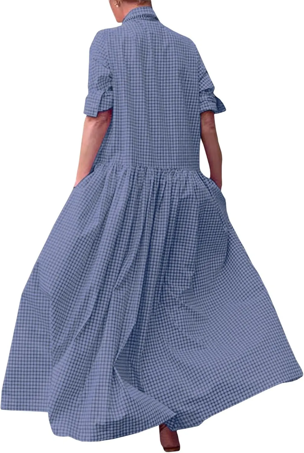 Sexyshine Women's Retro Plaid Button Down Long Sleeve Maxi Shirt Dress Loose Button Up Gingham Swing Pleated Long Dress