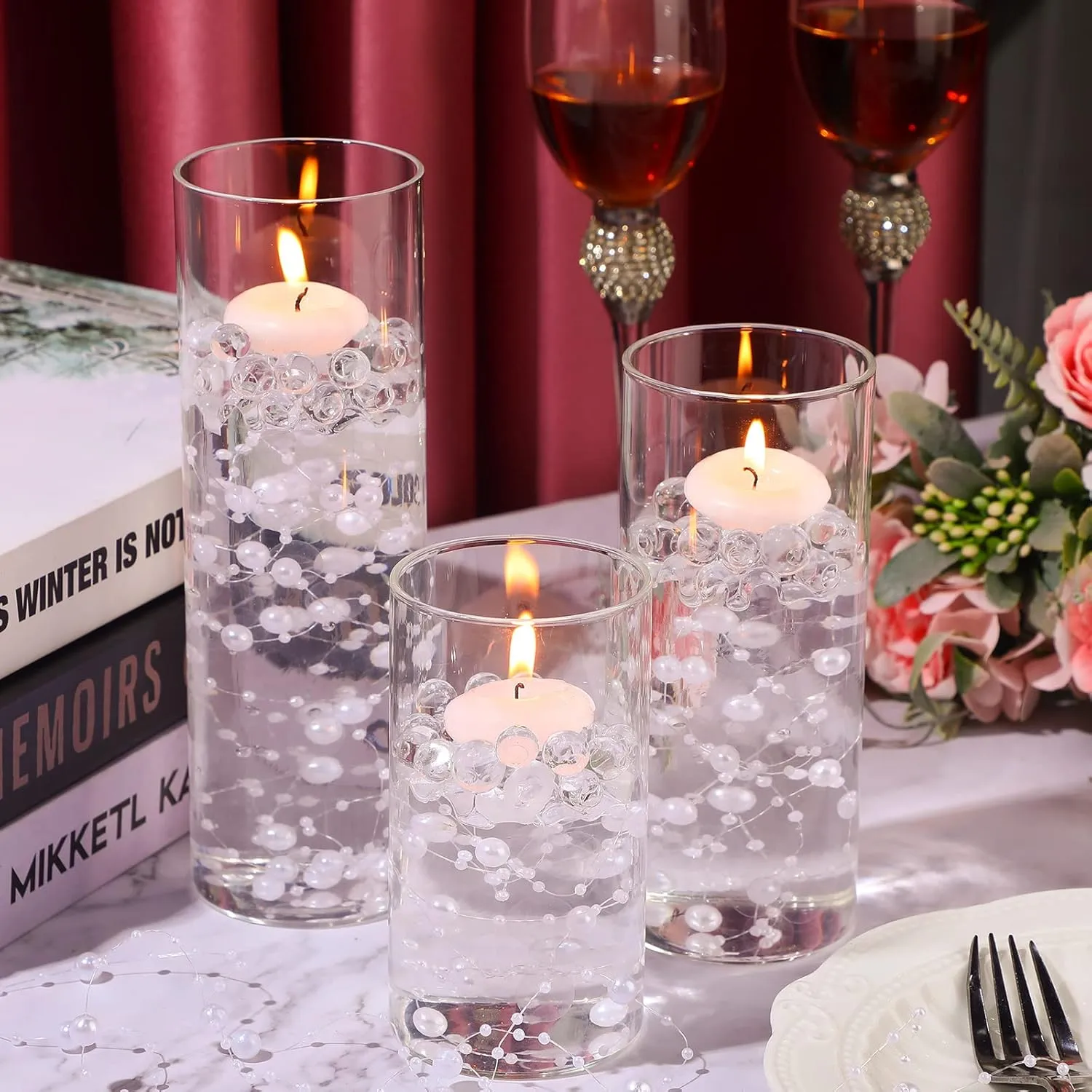 Shihanee 15 Pcs Clear Glass Cylinder Vases Centerpiece Flower Vase Candle Holder for Centerpiece Wedding Party Decor with Candles Faux Pearls String and Beads (White)