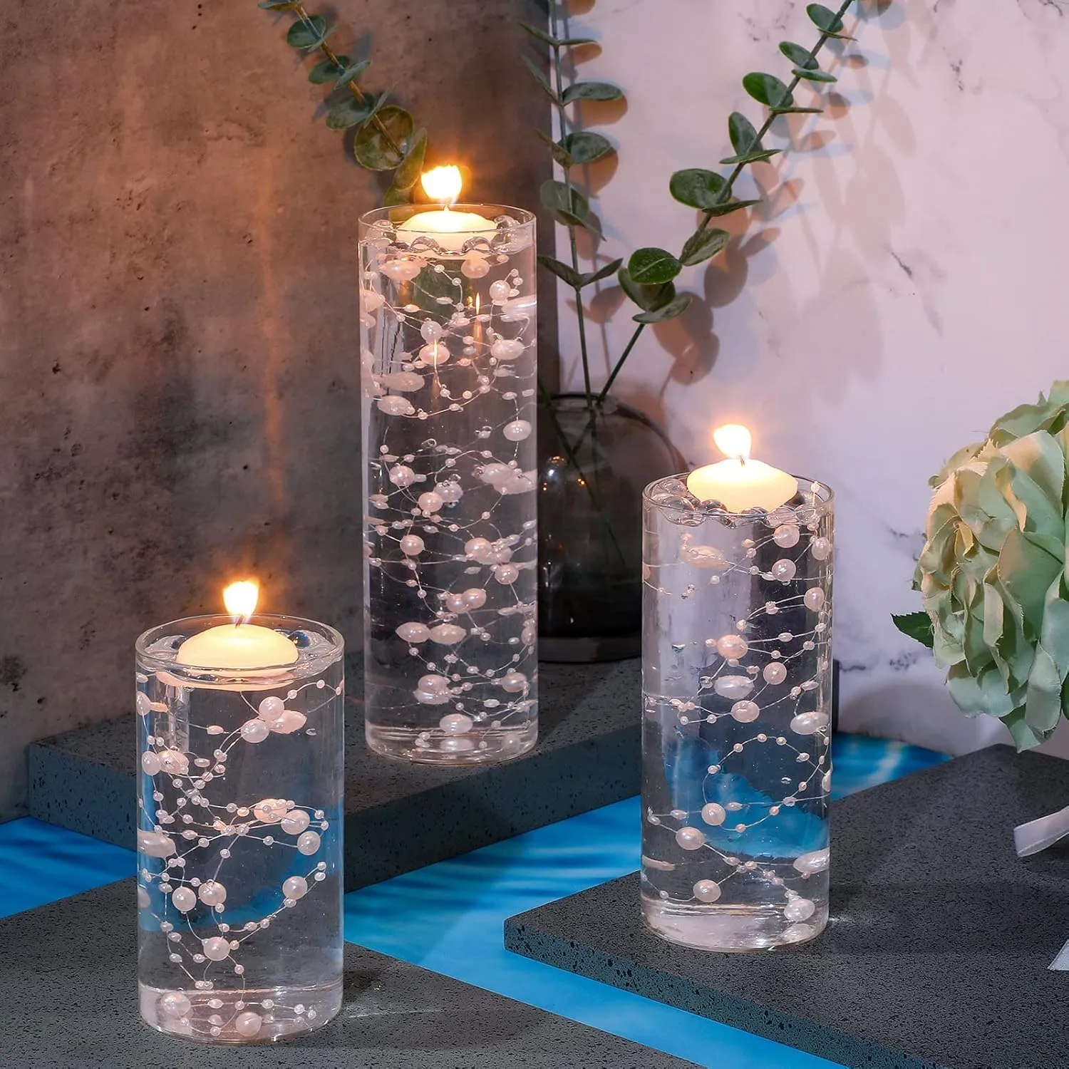 Shihanee 15 Pcs Clear Glass Cylinder Vases Centerpiece Flower Vase Candle Holder for Centerpiece Wedding Party Decor with Candles Faux Pearls String and Beads (White)