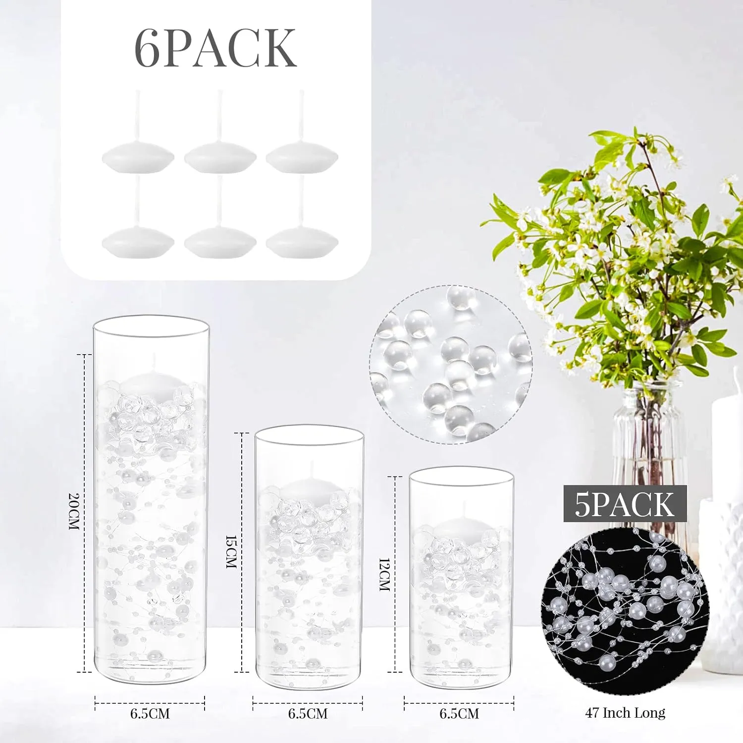 Shihanee 15 Pcs Clear Glass Cylinder Vases Centerpiece Flower Vase Candle Holder for Centerpiece Wedding Party Decor with Candles Faux Pearls String and Beads (White)