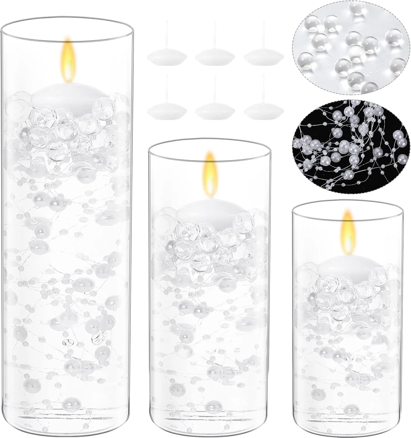 Shihanee 15 Pcs Clear Glass Cylinder Vases Centerpiece Flower Vase Candle Holder for Centerpiece Wedding Party Decor with Candles Faux Pearls String and Beads (White)