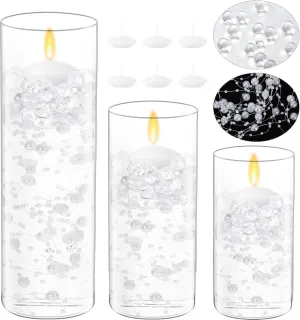 Shihanee 15 Pcs Clear Glass Cylinder Vases Centerpiece Flower Vase Candle Holder for Centerpiece Wedding Party Decor with Candles Faux Pearls String and Beads (White)