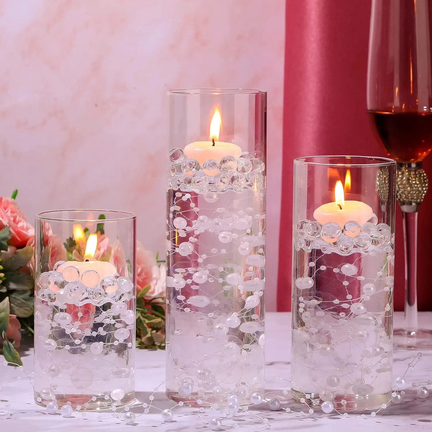 Shihanee 15 Pcs Clear Glass Cylinder Vases Centerpiece Flower Vase Candle Holder for Centerpiece Wedding Party Decor with Candles Faux Pearls String and Beads (White)