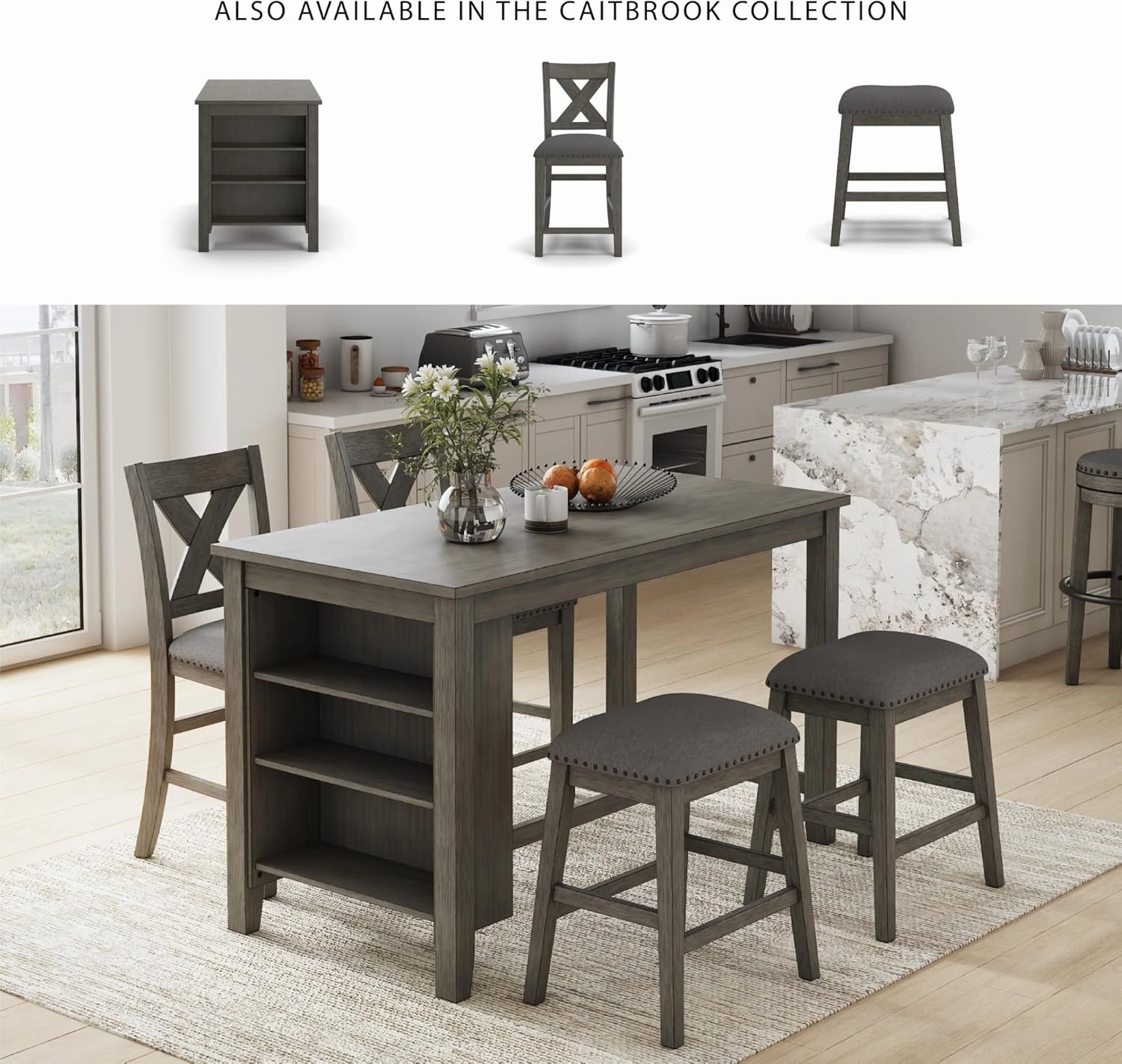 Signature Design by Ashley Caitbrook Rustic Counter Height Dining Table with Storage, Dark Gray