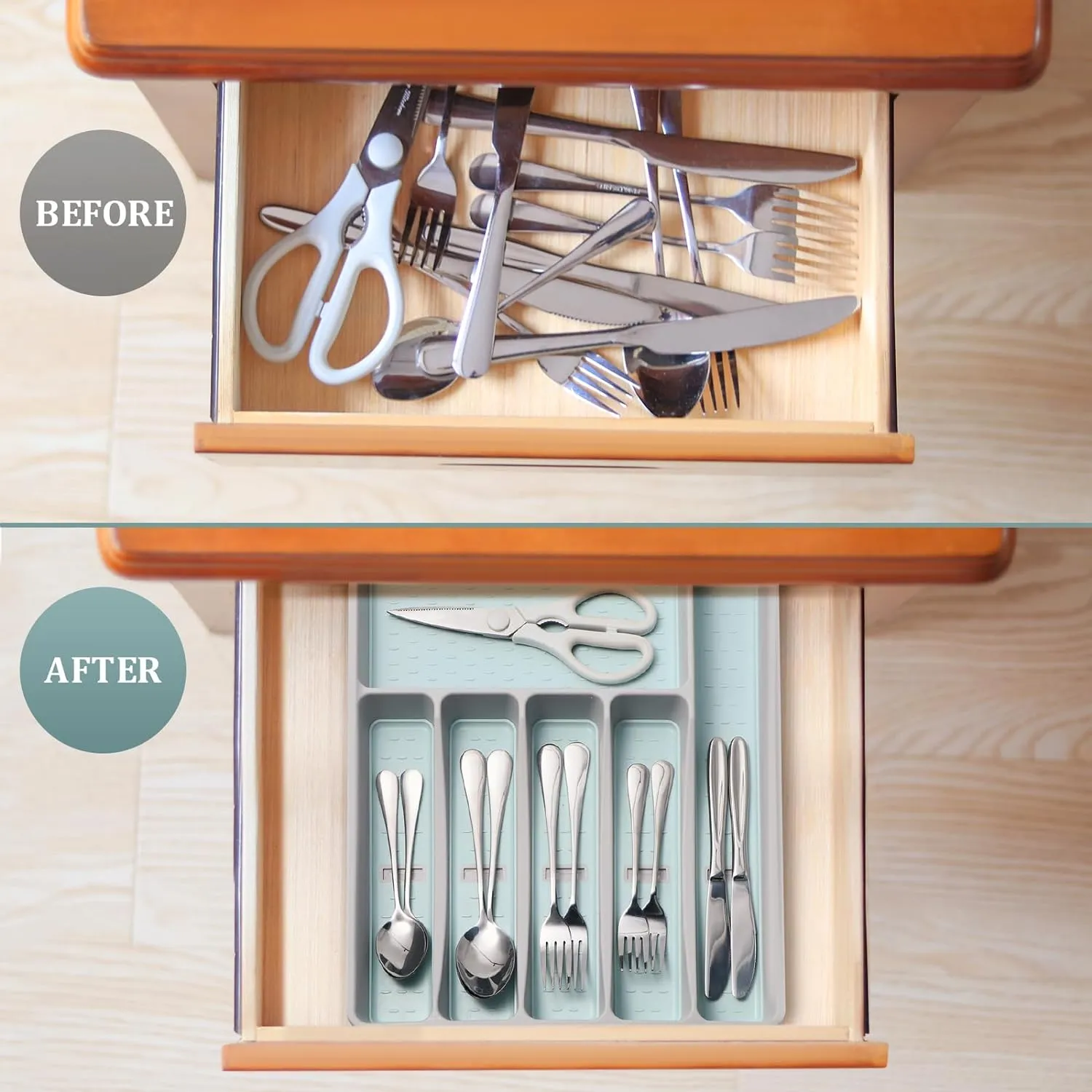 Silverware Organizer with Cutlery Icons，Silverware Tray for Kitchen Drawer，Plastic Flatware Tableware Cultery Drawer Organizer Utensil Organizer with Non-slip TPR Linings，6-Compartment