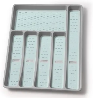 Silverware Organizer with Cutlery Icons，Silverware Tray for Kitchen Drawer，Plastic Flatware Tableware Cultery Drawer Organizer Utensil Organizer with Non-slip TPR Linings，6-Compartment