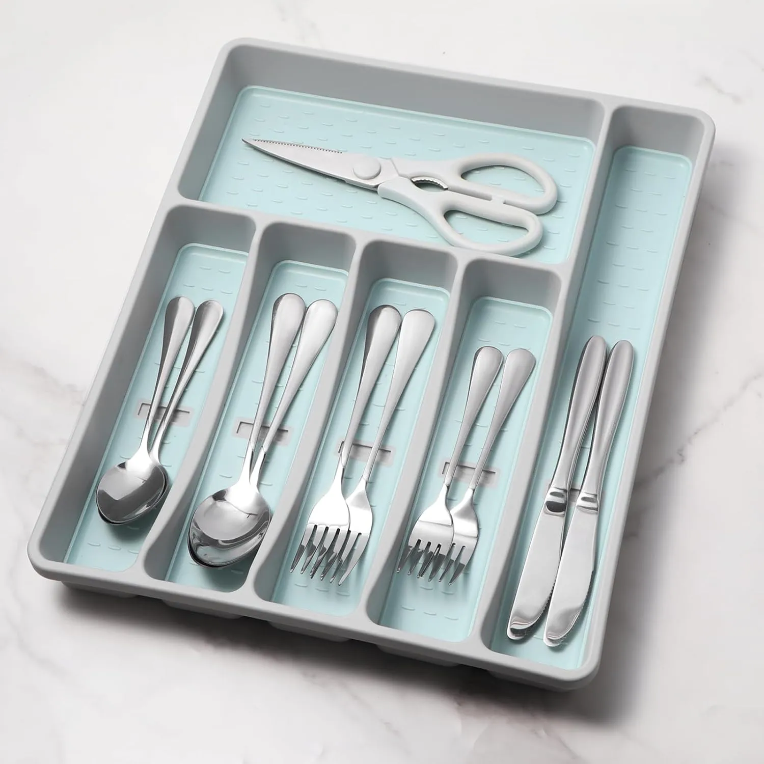 Silverware Organizer with Cutlery Icons，Silverware Tray for Kitchen Drawer，Plastic Flatware Tableware Cultery Drawer Organizer Utensil Organizer with Non-slip TPR Linings，6-Compartment