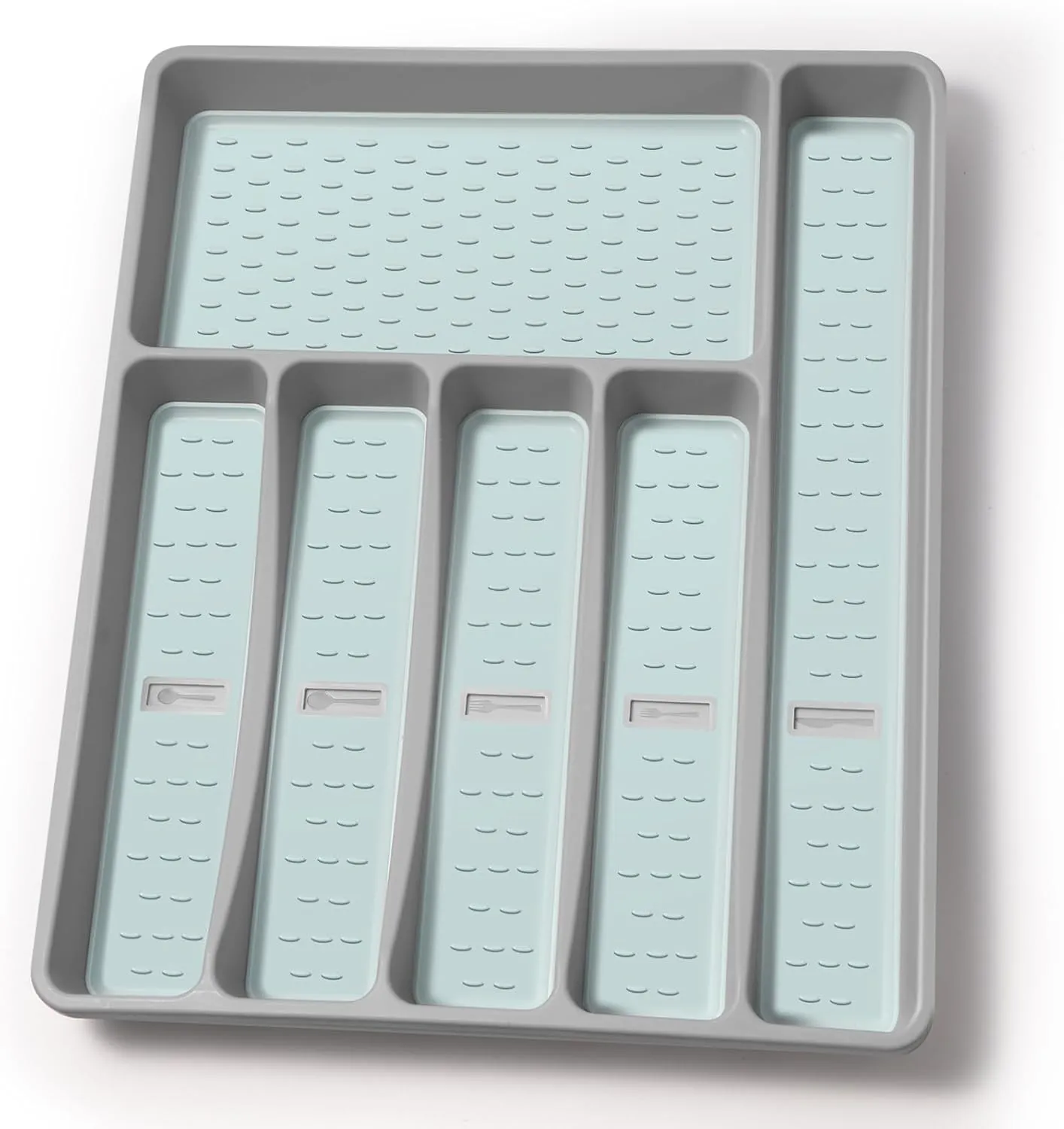 Silverware Organizer with Cutlery Icons，Silverware Tray for Kitchen Drawer，Plastic Flatware Tableware Cultery Drawer Organizer Utensil Organizer with Non-slip TPR Linings，6-Compartment