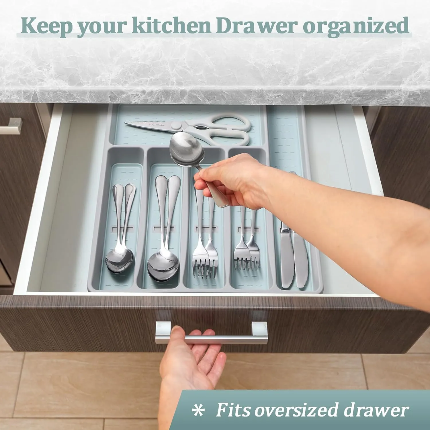 Silverware Organizer with Cutlery Icons，Silverware Tray for Kitchen Drawer，Plastic Flatware Tableware Cultery Drawer Organizer Utensil Organizer with Non-slip TPR Linings，6-Compartment