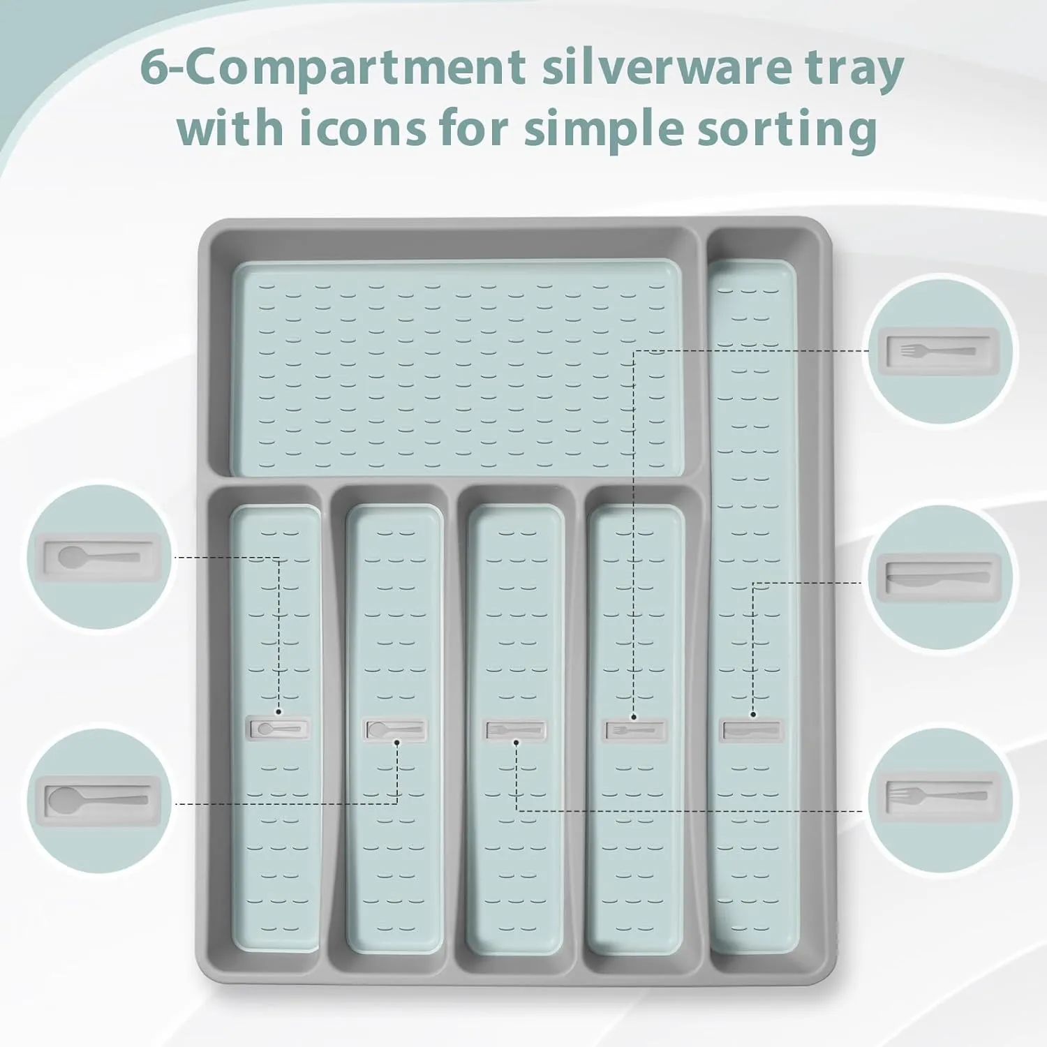 Silverware Organizer with Cutlery Icons，Silverware Tray for Kitchen Drawer，Plastic Flatware Tableware Cultery Drawer Organizer Utensil Organizer with Non-slip TPR Linings，6-Compartment
