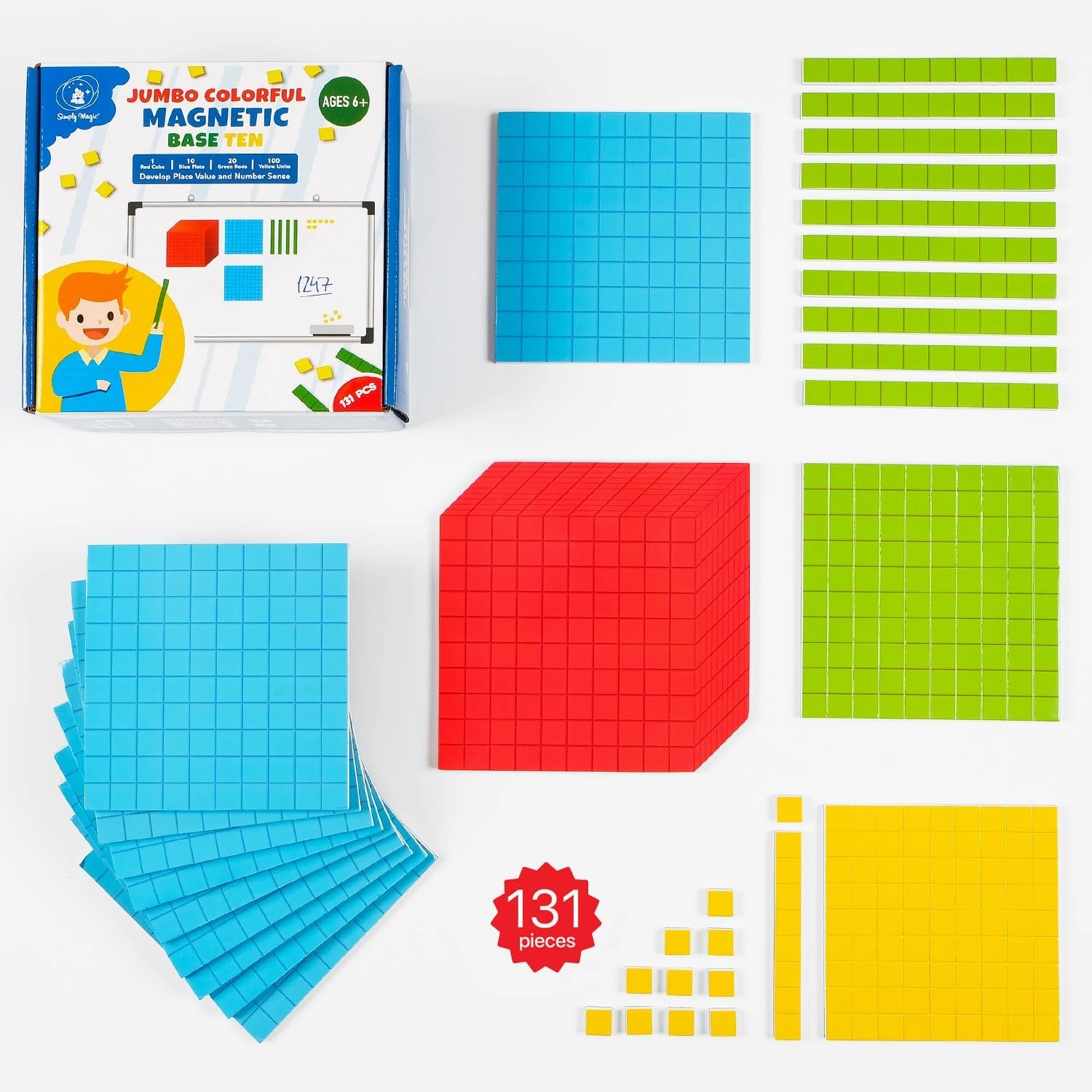 Simply magic 131 PCS Jumbo Magnetic Base Ten Blocks for Math, Place Value Blocks, Magnetic Base 10 Blocks Set for Teachers, Math Blocks for Counting, Counting Blocks, Magnetic Math Manipulatives K-3
