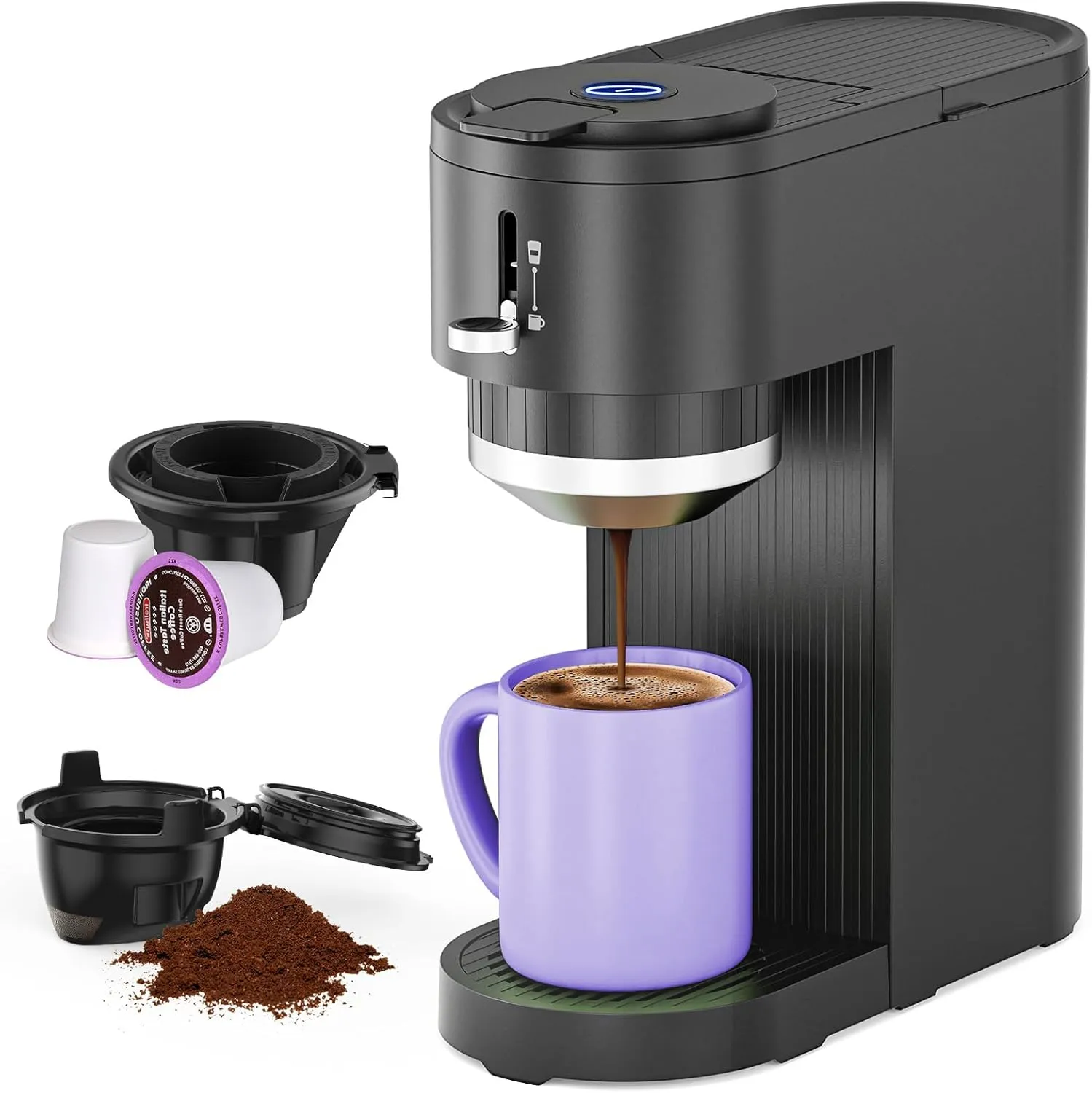 Single Serve Coffee Maker, Compatible with Capsule and Ground, 5 Brew Sizes Up to 14 Oz, Adjustable Funnel Height, Compact & Quick Brew, Easy to Clean, Ideal for Home/Office/Outside, Light Black