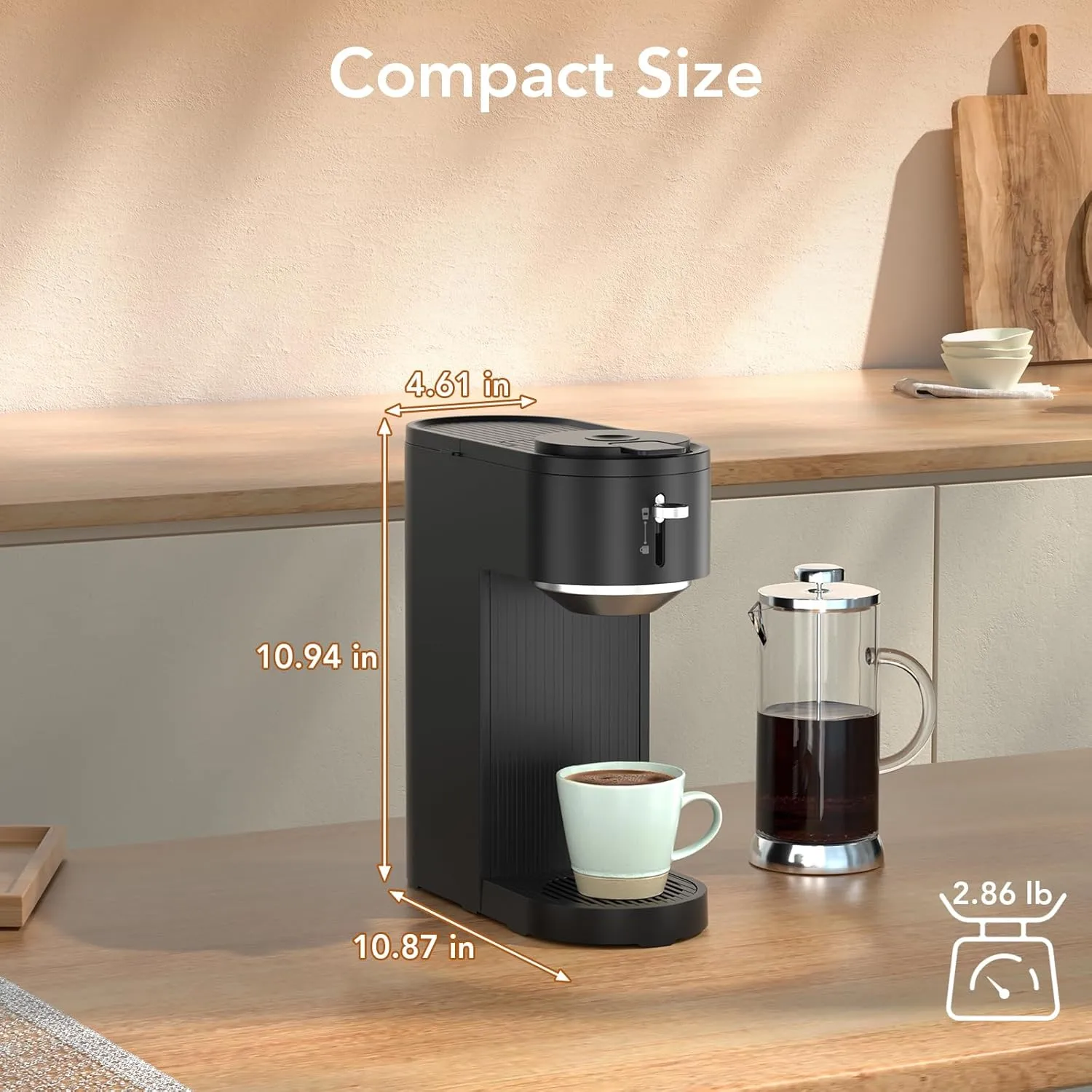 Single Serve Coffee Maker, Compatible with Capsule and Ground, 5 Brew Sizes Up to 14 Oz, Adjustable Funnel Height, Compact & Quick Brew, Easy to Clean, Ideal for Home/Office/Outside, Light Black