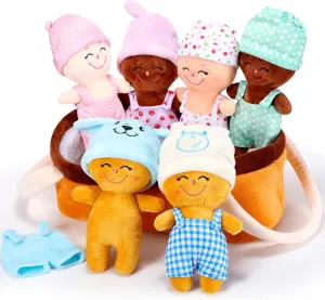 Skylety 6 Pcs 7'' Multicultural Baby Dolls Soft Basket of Babies Sensory Diverse Plush Dolls Stuffed Plush Ethnic Buddies Figures with Removable Clothing for Boys Girls All Ages Preschool Classroom