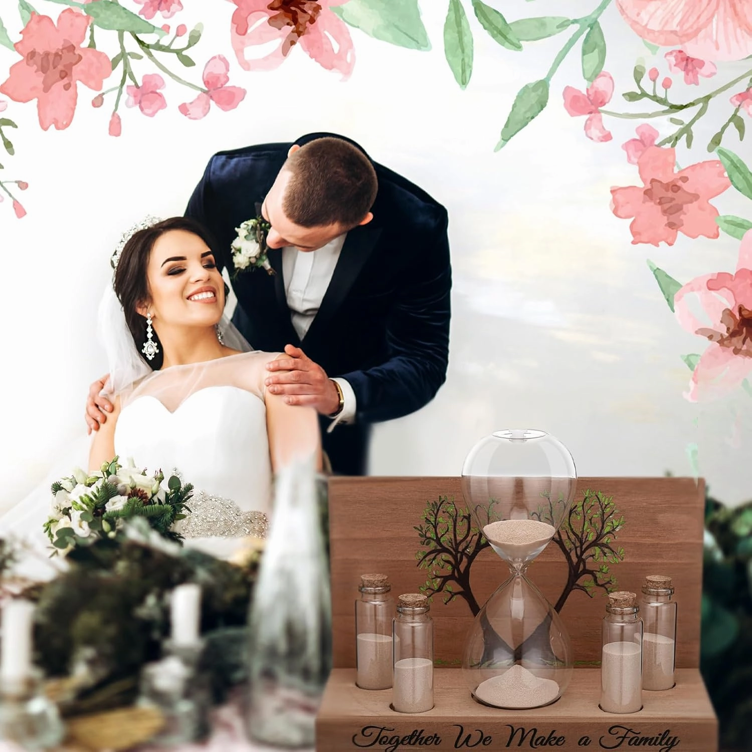 Sliner Unity Sand Ceremony Kit Unity Hour Glass for Wedding Sand Set Wedding with Magnetic Wood Base Hourglass Mini Bottle for Bridal Party(7 Pcs,Fresh)