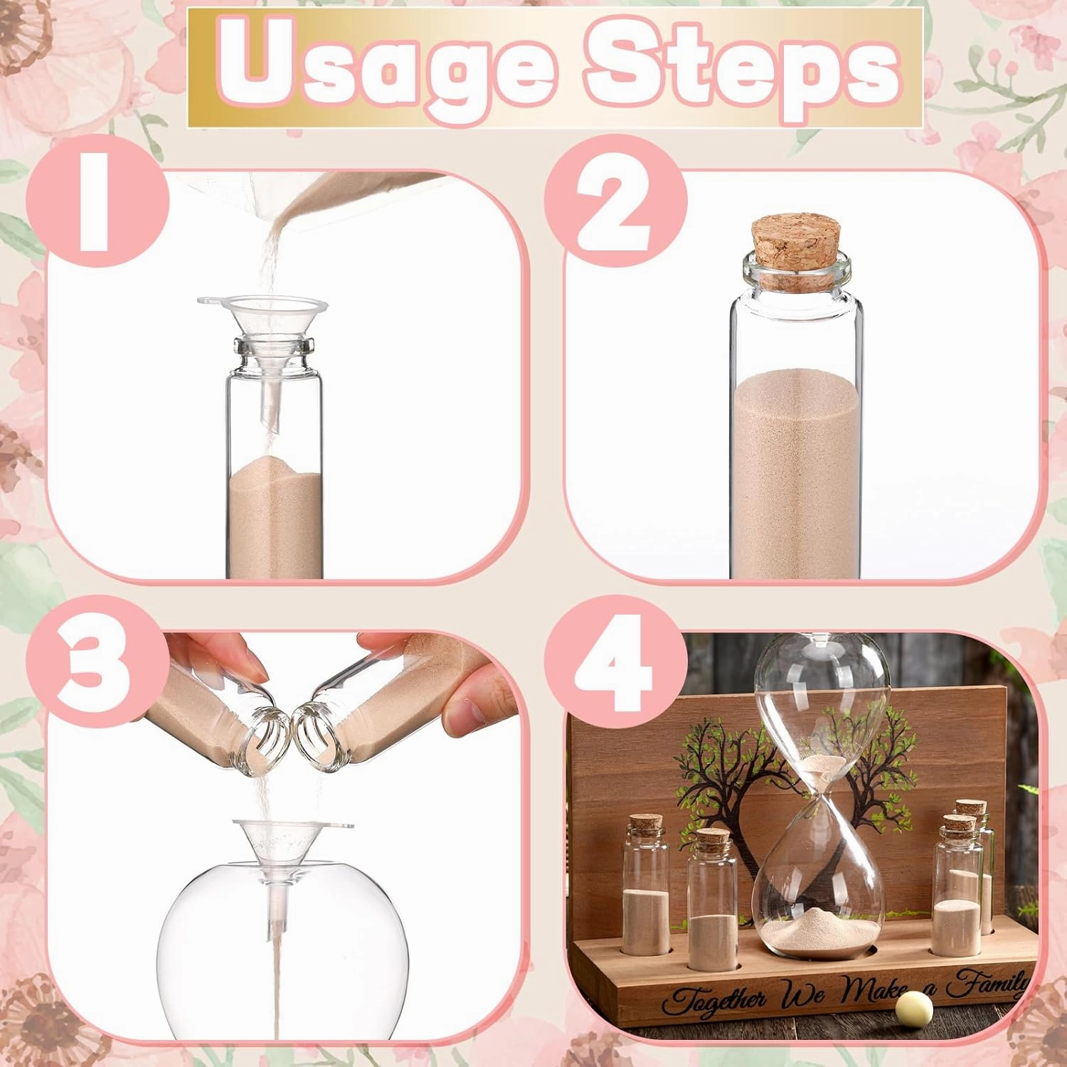 Sliner Unity Sand Ceremony Kit Unity Hour Glass for Wedding Sand Set Wedding with Magnetic Wood Base Hourglass Mini Bottle for Bridal Party(7 Pcs,Fresh)