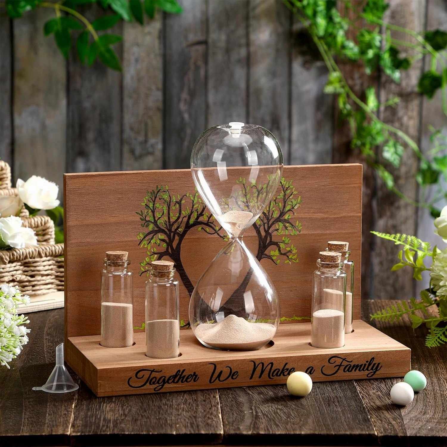 Sliner Unity Sand Ceremony Kit Unity Hour Glass for Wedding Sand Set Wedding with Magnetic Wood Base Hourglass Mini Bottle for Bridal Party(7 Pcs,Fresh)