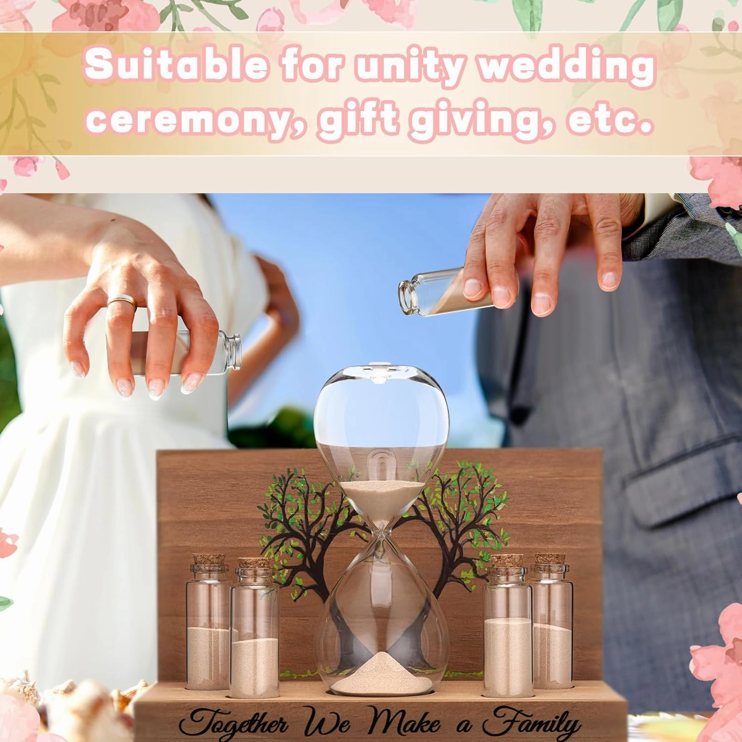 Sliner Unity Sand Ceremony Kit Unity Hour Glass for Wedding Sand Set Wedding with Magnetic Wood Base Hourglass Mini Bottle for Bridal Party(7 Pcs,Fresh)