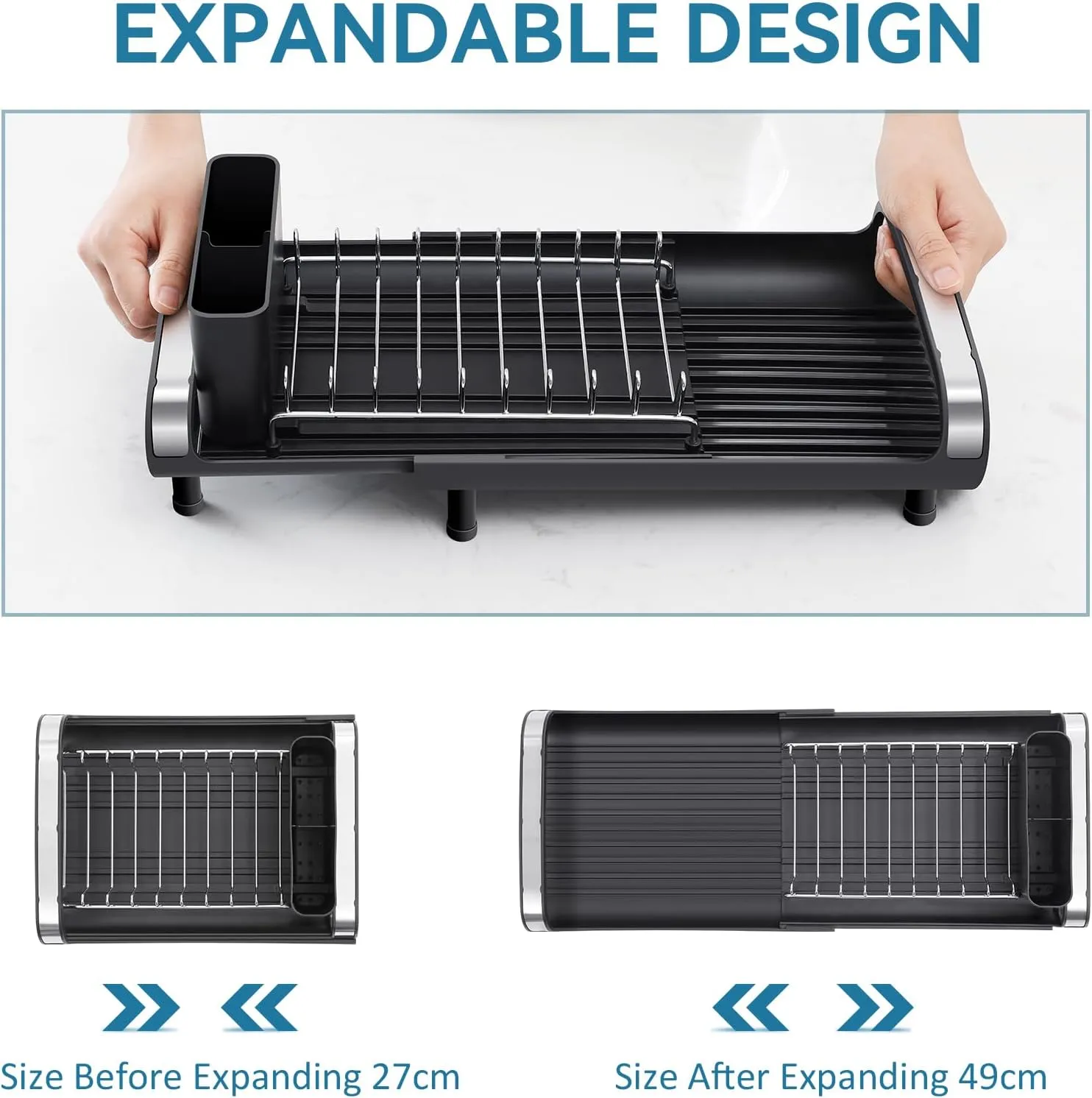 Small Dish Drying Rack, Mini Expandable Compact Dish Rack, Slim Extendable Stainless Steel Dish Drainer for Kitchen Plate Storage, Space Saving Dish Strainer in Sink or on Home Countertop, Black