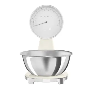 SMEG Retro-Style Analog & Digital Kitchen Scale, 11 lb Capacity, Rechargeable Battery, Backlit LCD Display, Stainless Steel Bowl (Cream)