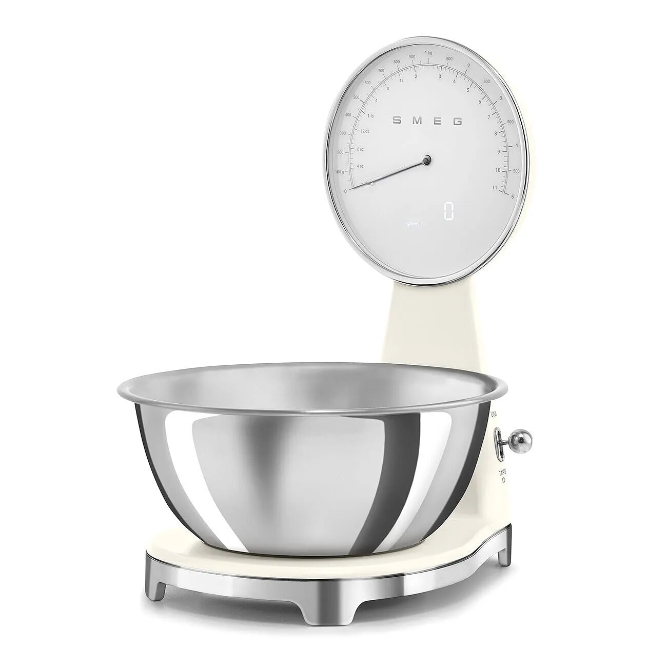 SMEG Retro-Style Analog & Digital Kitchen Scale, 11 lb Capacity, Rechargeable Battery, Backlit LCD Display, Stainless Steel Bowl (Cream)